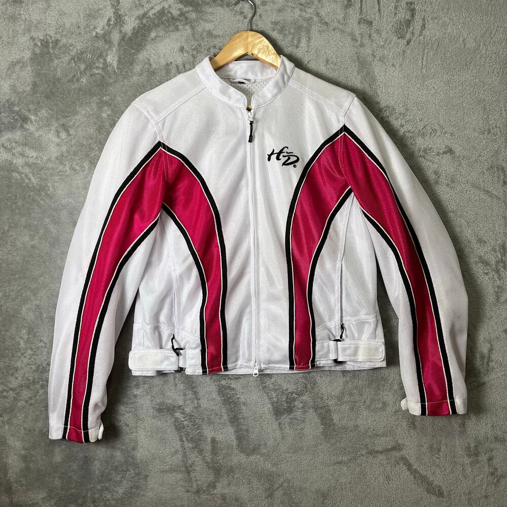 Harley‎ Davidson Y2K Vintage Biker Jacket Pink White Moto Baddie Zip Up Large